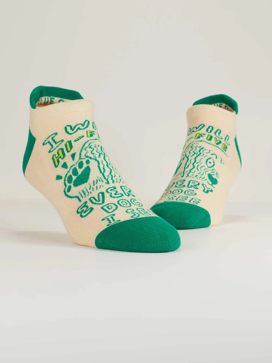 Women's cream dog hi-five low-cut socks, flat side view showing green toe