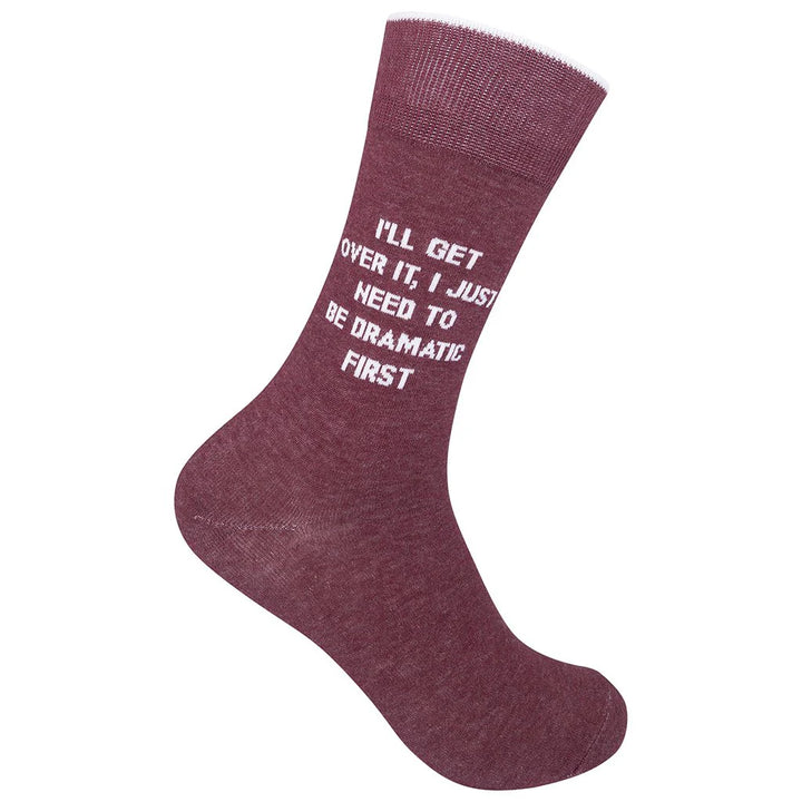 Unisex burgundy crew sock, flat angled view with white &
