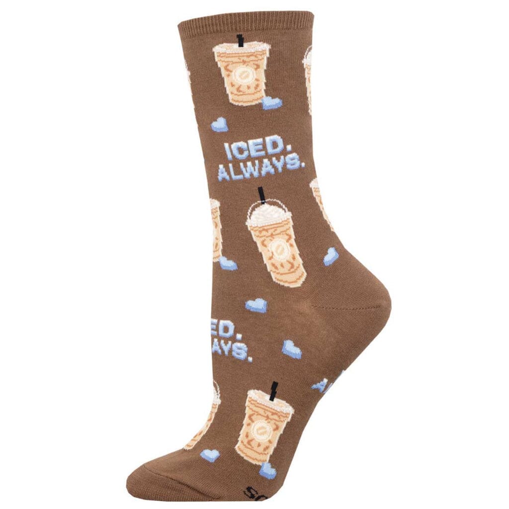 Women's Iced Always crew socks, flat side view, iced coffee cups and "ICED ALWAYS" text on brown