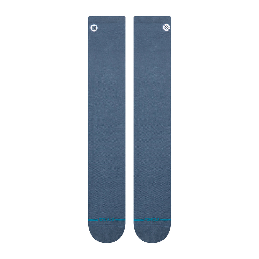 Women's tall dusty-blue socks, flat top-down view