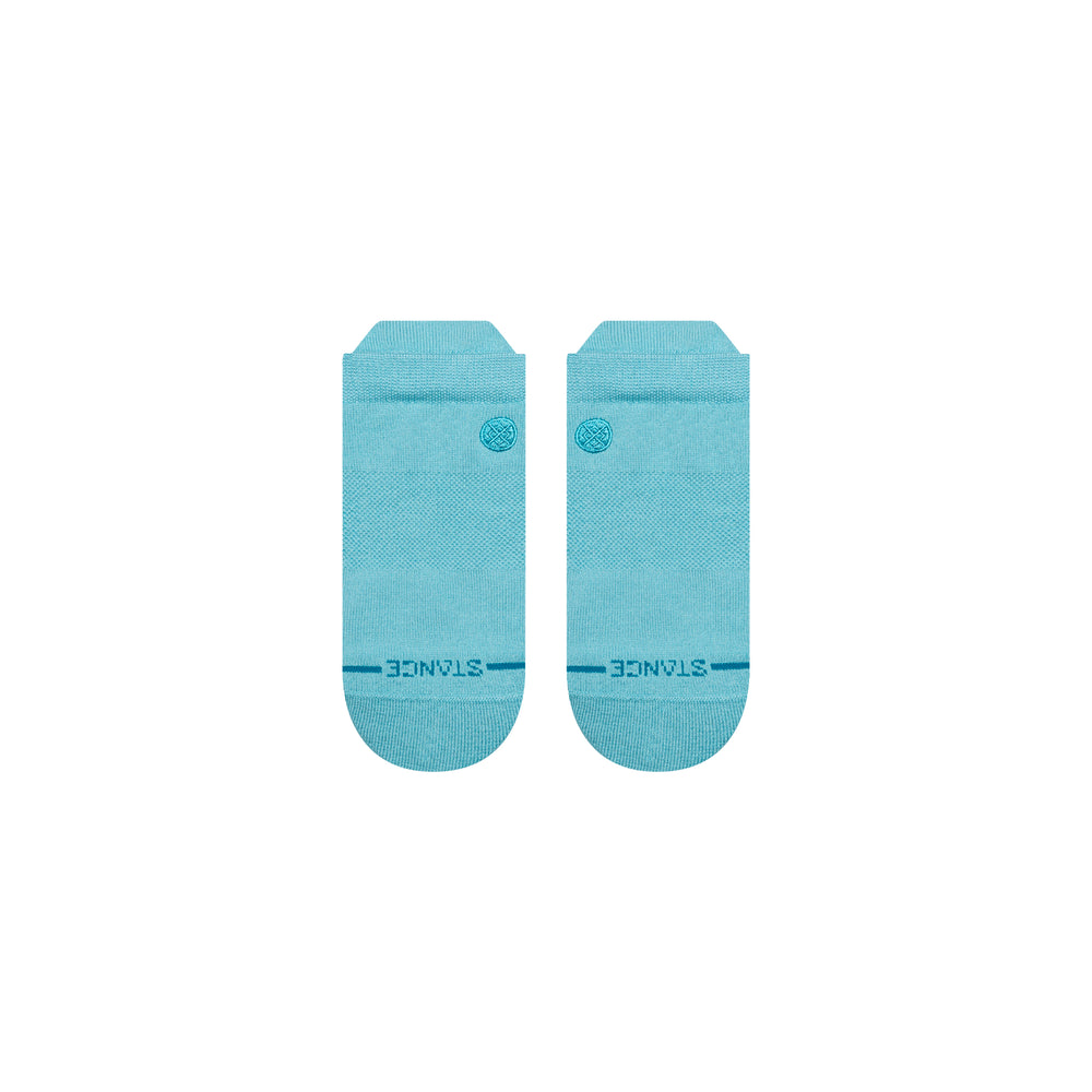 Women's aqua tab ankle socks, flat top view with logo