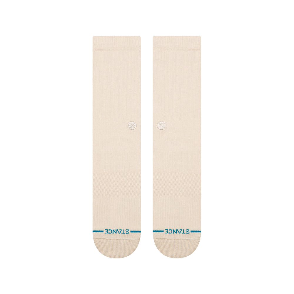 Women's oatmeal crew socks shown flat, top view