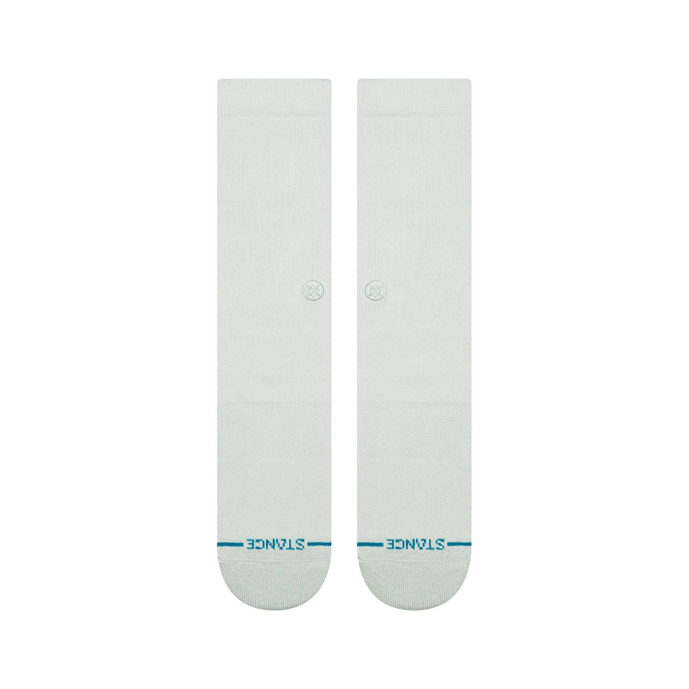 Women's pale blue crew socks shown flat, top view