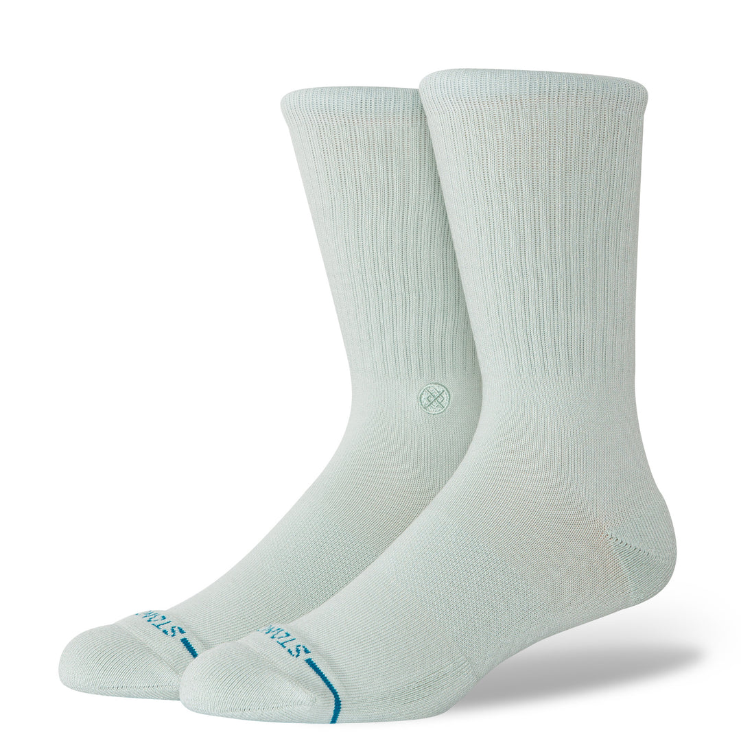 Women's pale blue crew socks in seafoam, flat pair view