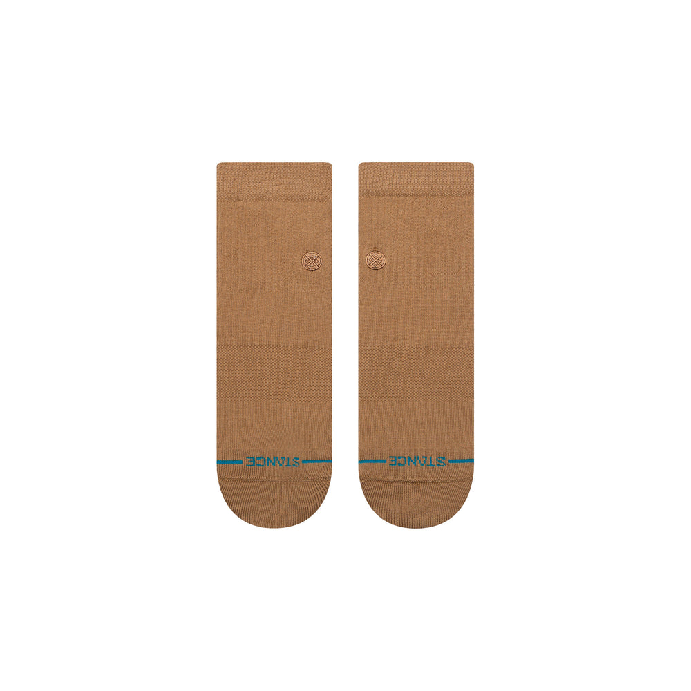 Women's khaki quarter ankle socks, flat back view with teal STANCE text