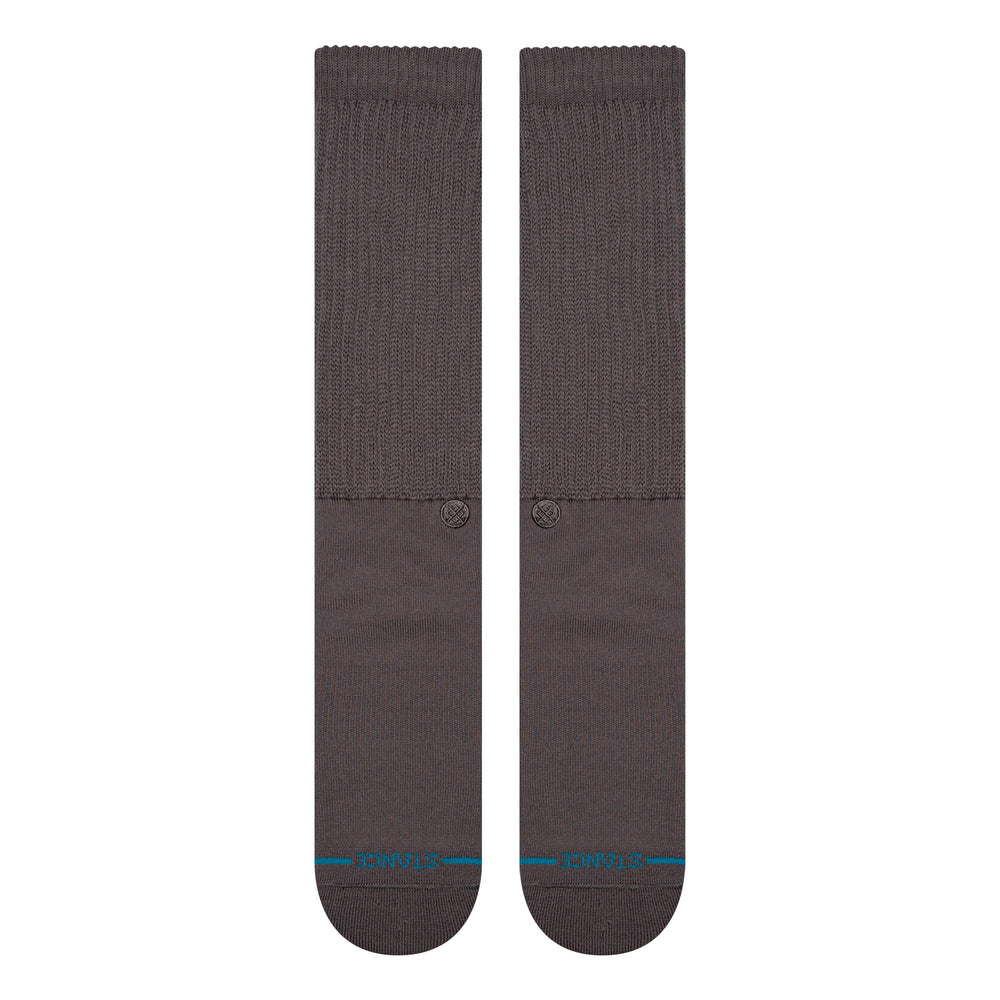 Women's charcoal crew socks shown flat and unslouched, top view