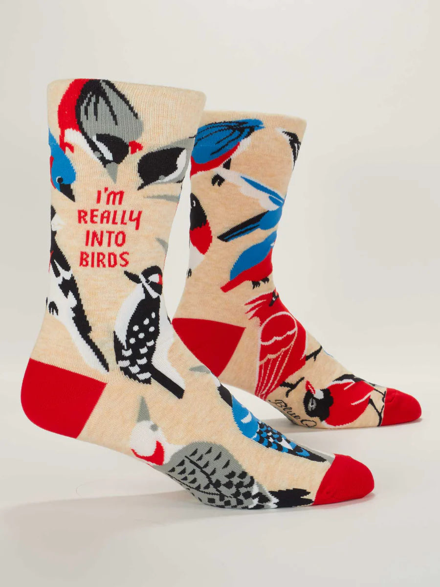 Men's I'm Really Into Birds crew socks, flat side view with bird print and red toes