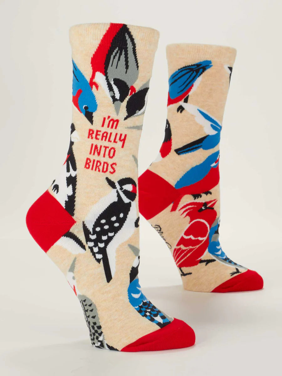 Women's I'm Really Into Birds crew socks, flat side view with bird print and red toes