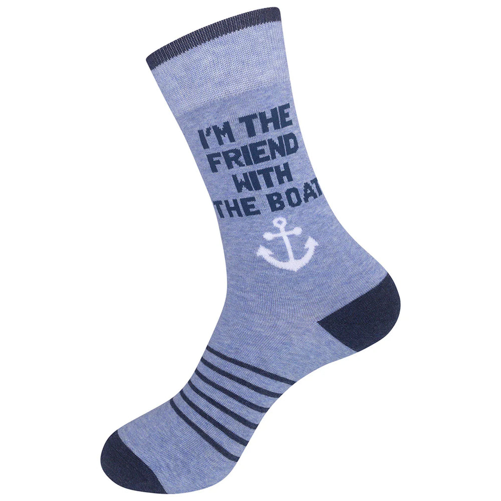 Unisex "I'm The Friend With The Boat" blue crew socks worn, front view