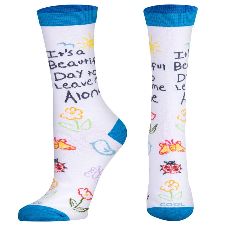 Women's slogan crew socks, angled view showing doodle flowers and birds