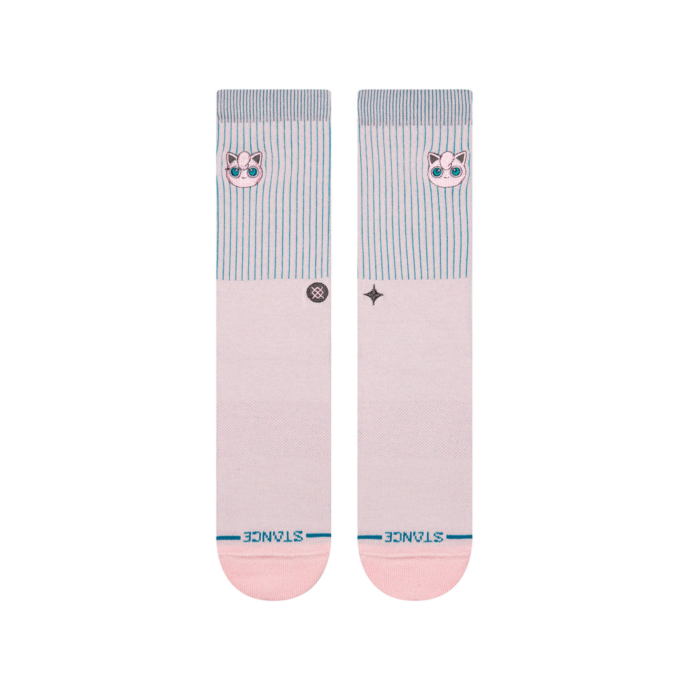Women's Jigglypuff pink crew socks, flat front view with teal pinstripes