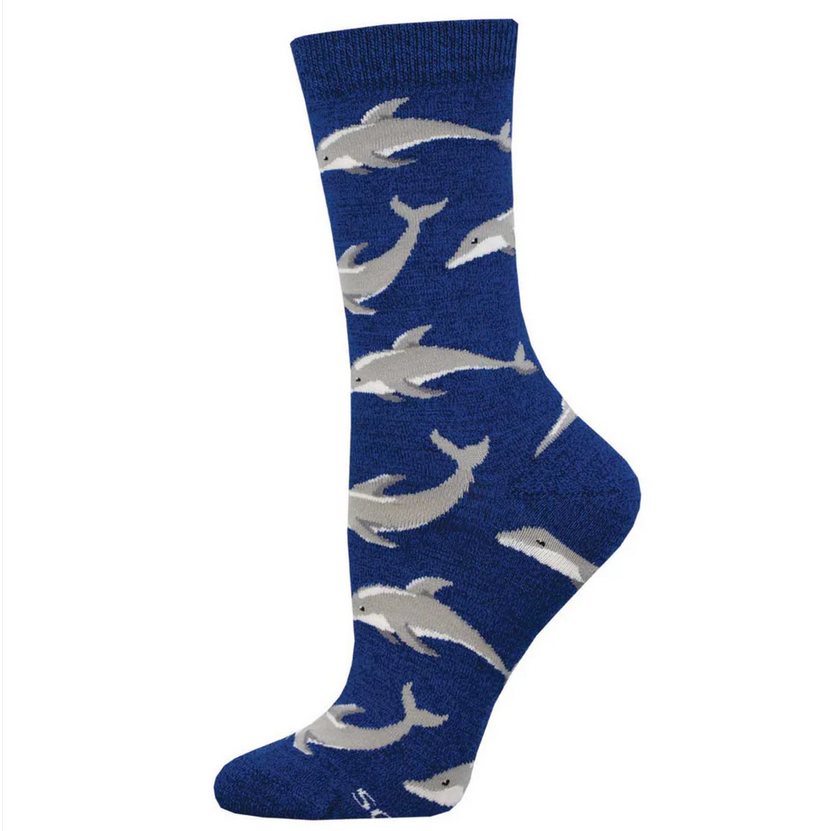Women's joyous dolphin bamboo crew socks laid flat, heathered blue with gray leaping dolphins