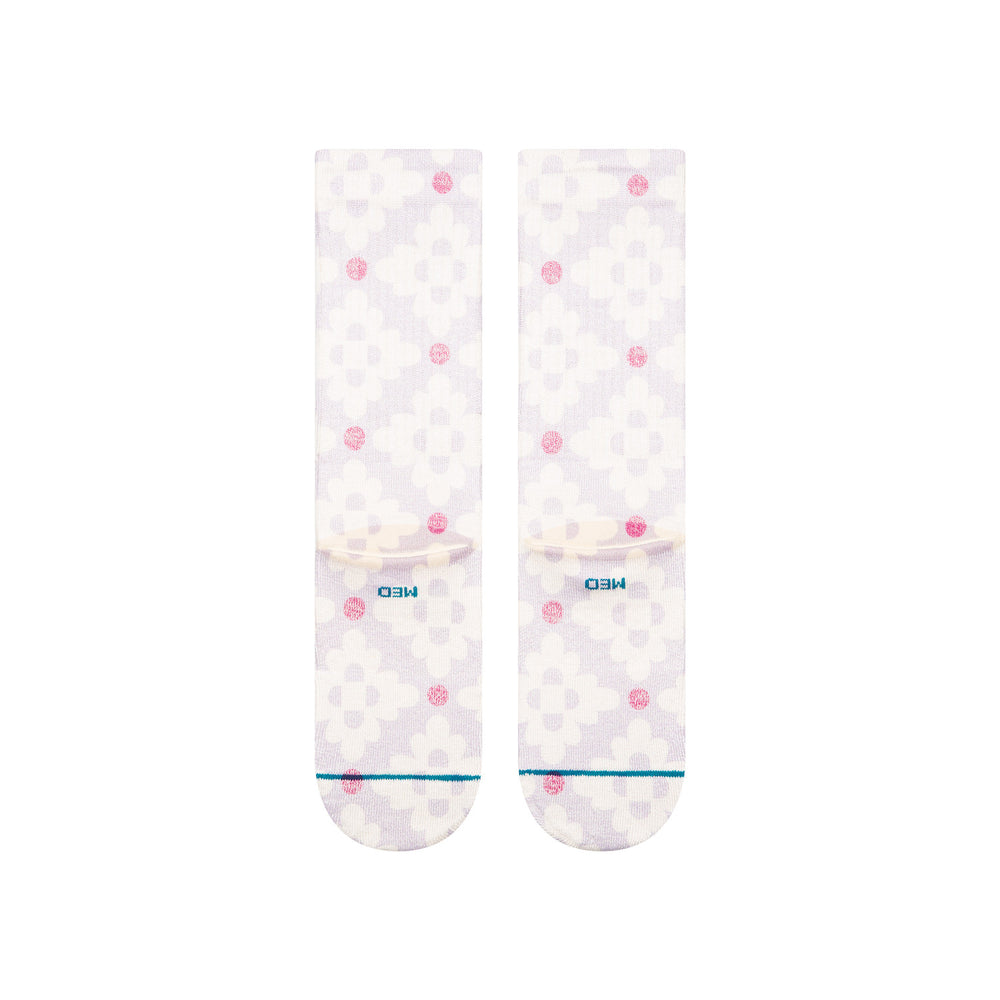 Women's daisy crew socks, flat back pair view, pastel floral pattern with pink accents on cream