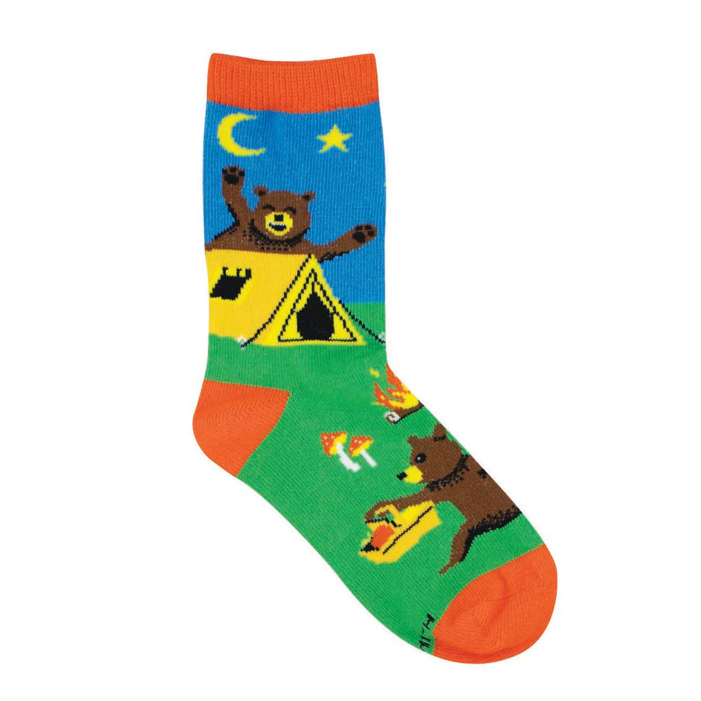 Kids' camping bear crew socks in green and blue with tent and bears, flat single sock shot