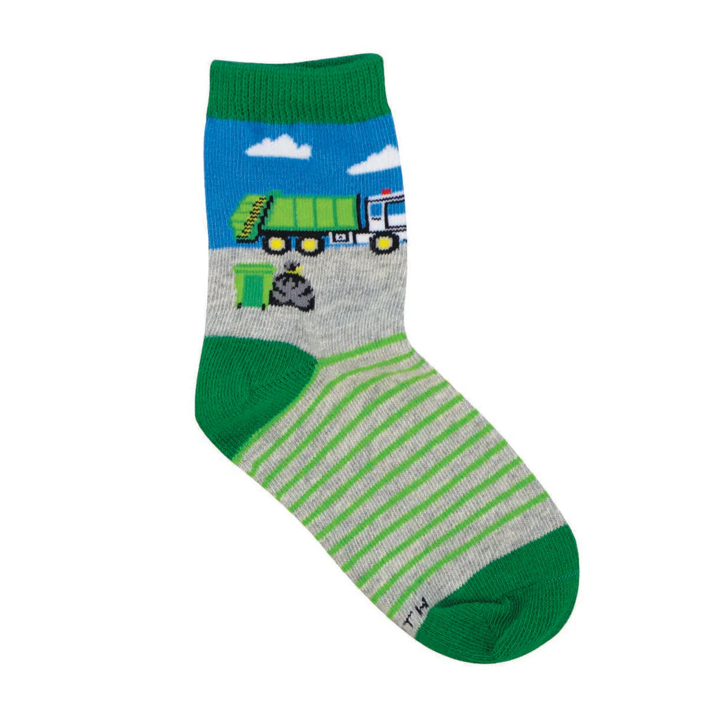 Kids' garbage truck crew socks in blue and green with sanitation truck design, flat single sock shot