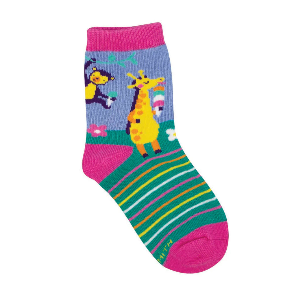 Kids' ice cream animals crew socks in purple and pink with monkey and giraffe, flat single sock shot