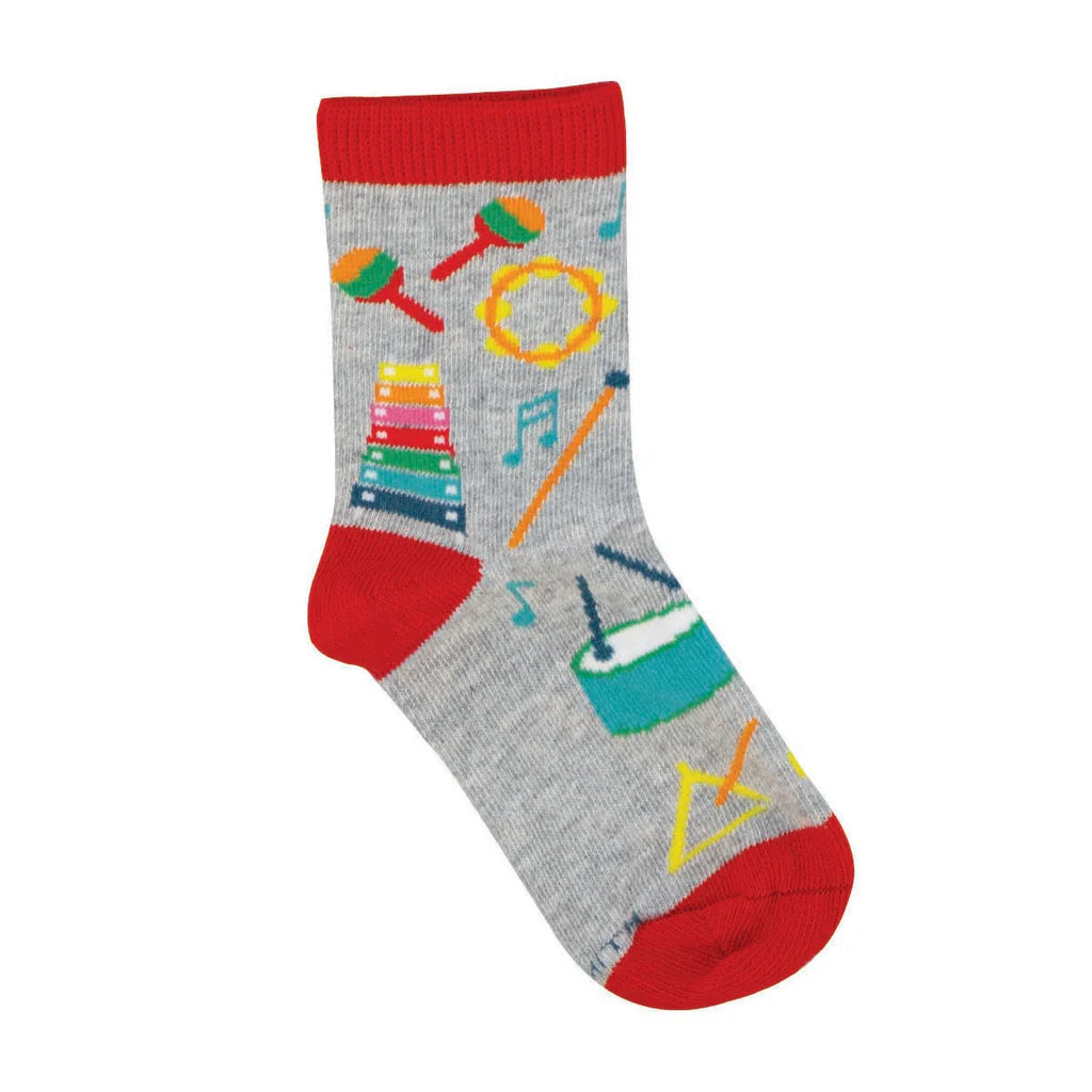 Kids' musical instruments crew socks in gray with red cuff and heel, flat single sock shot
