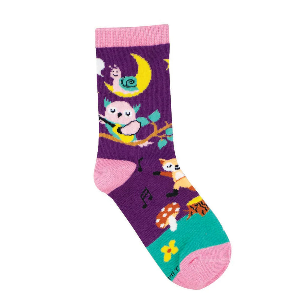 Kids' musical forest crew socks in purple with owl and fox playing instruments, flat single sock shot
