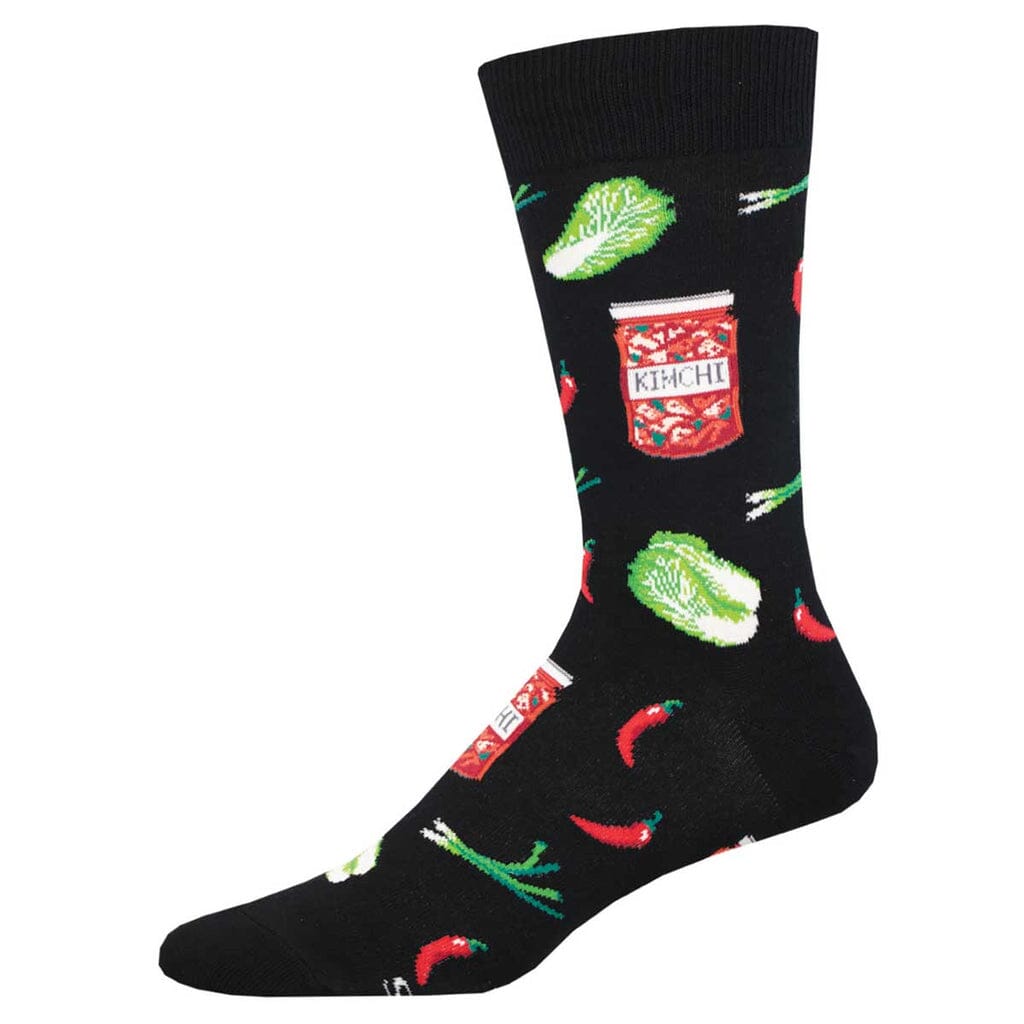 Men's Kimchi crew socks, flat side view, kimchi jars, cabbage, and chili peppers on black