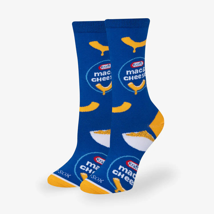 Women's Kraft mac & cheese crew socks, angled view with logo badges