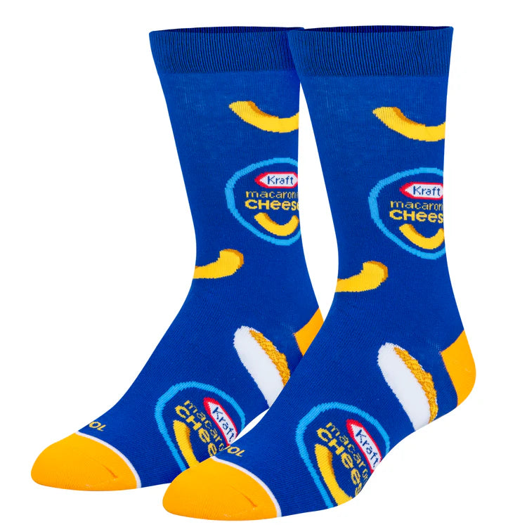 Royal-blue men's crew socks with the Kraft Macaroni & Cheese logo and scattered noodles, with yellow toes