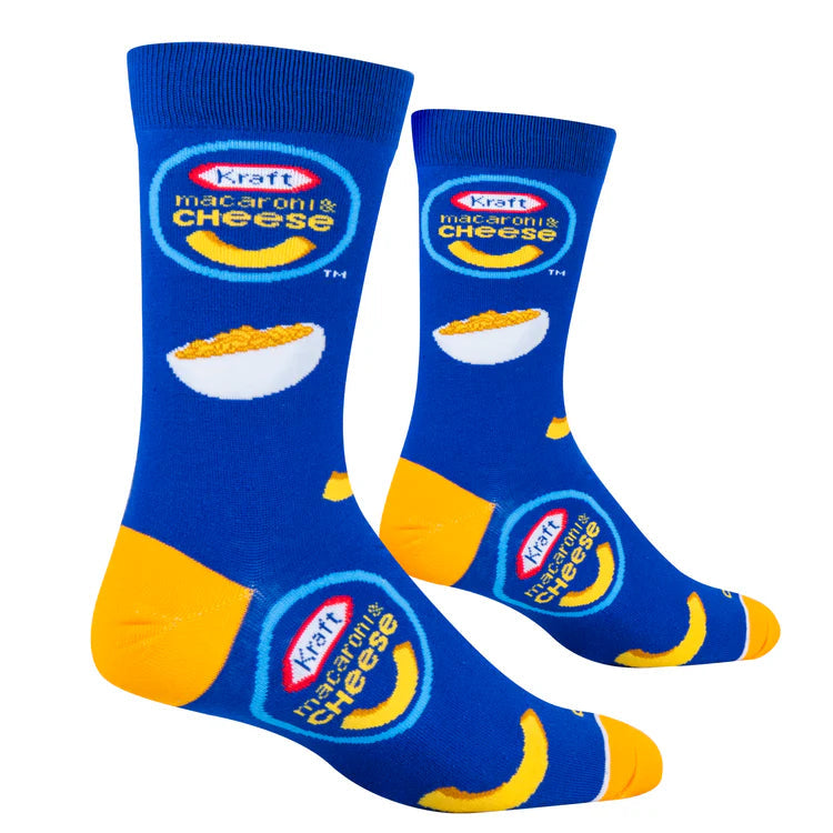 Royal-blue Kraft Mac & Cheese crew socks showing the logo, a bowl of mac and cheese, and noodle accents