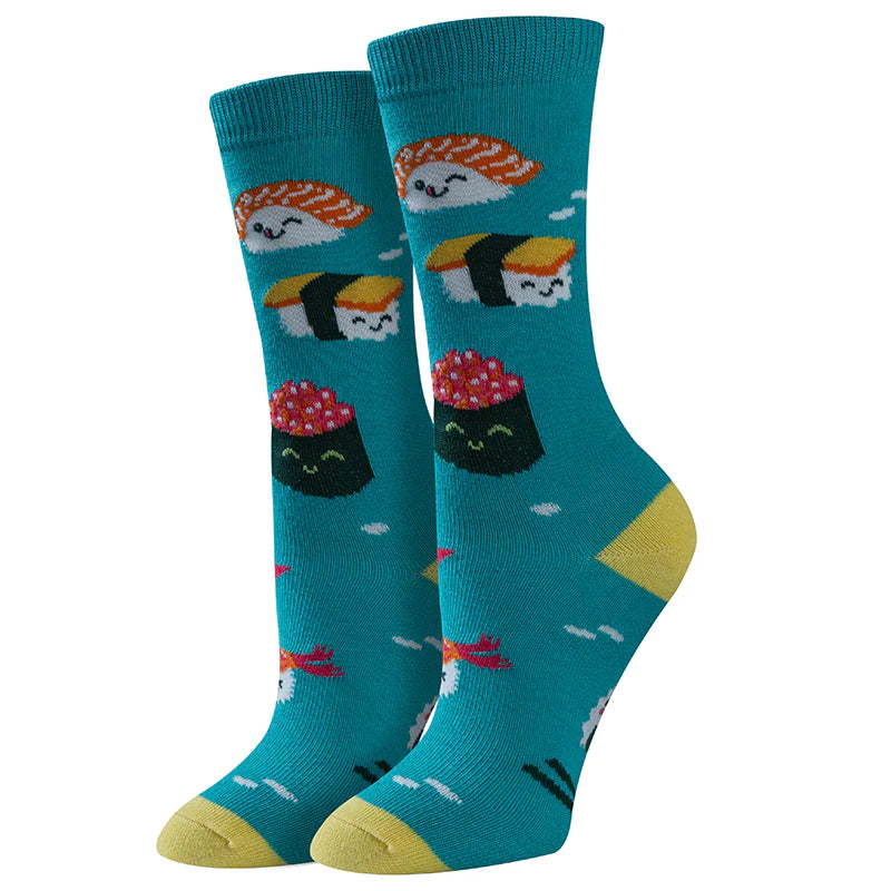 Women's sushi crew socks in teal with smiling sushi, flat lay
