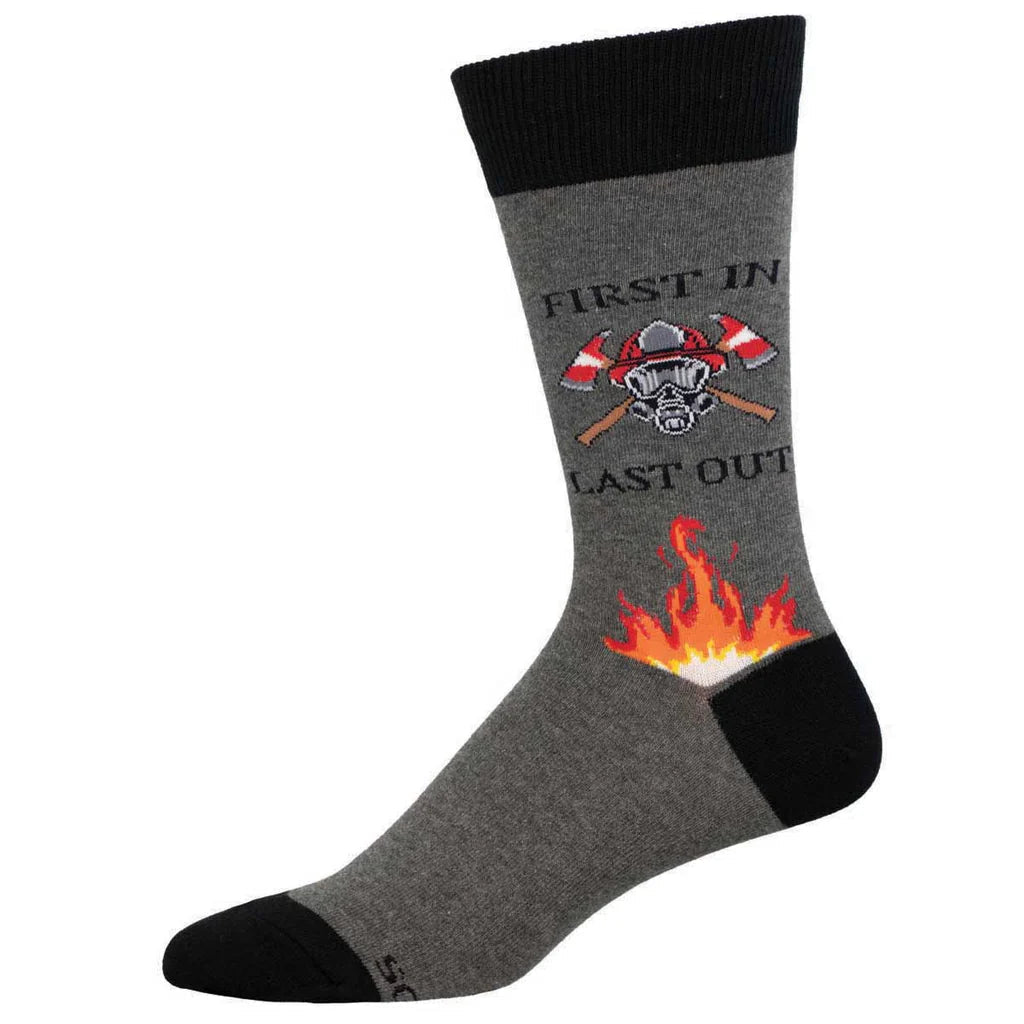 Men's firefighter crew sock, gray with crossed axes, helmet, and flames, flat side view
