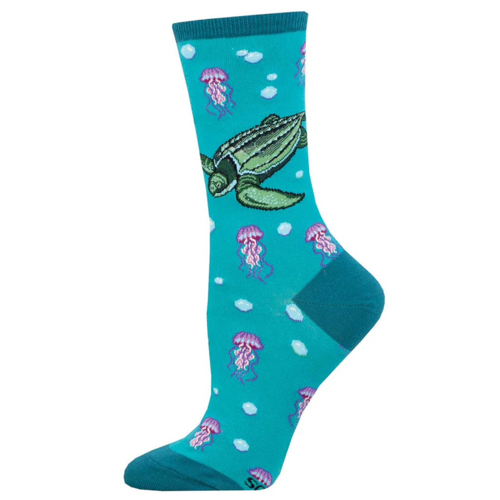 Women's leatherback turtle and jellyfish crew sock in teal, flat product shot