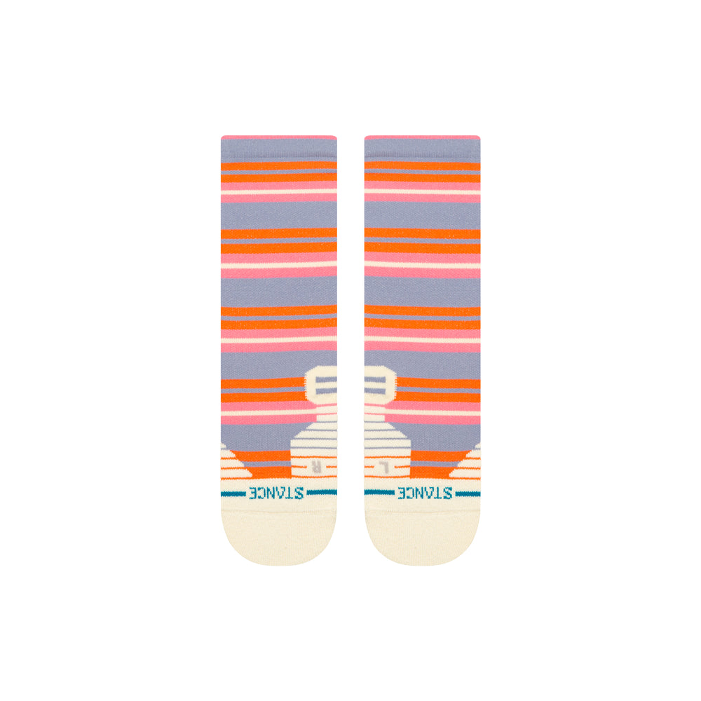 Women's pink and orange striped performance crew socks, flat top-down view