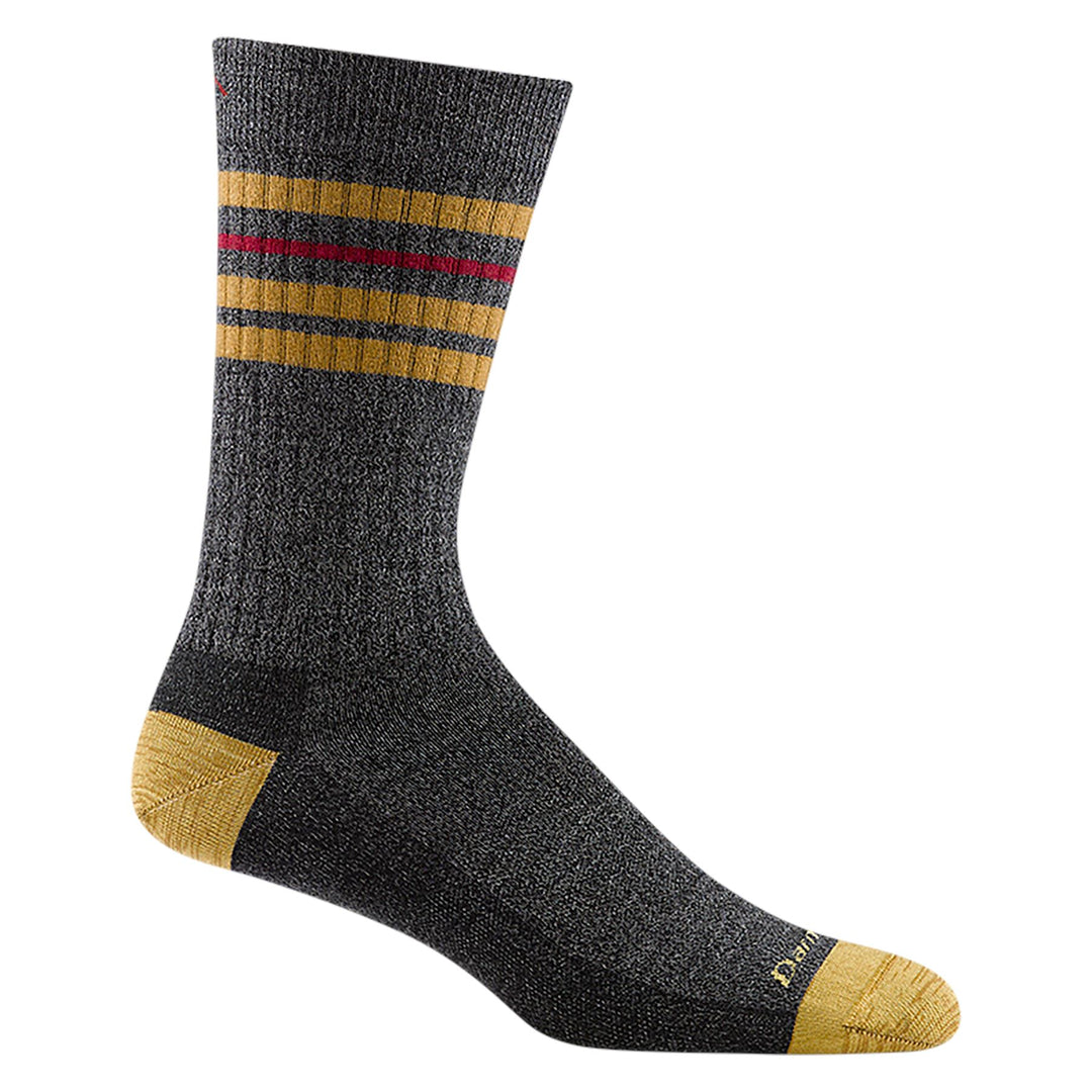 Men's charcoal ribbed letterman crew sock with gold and red stripes, flat product shot