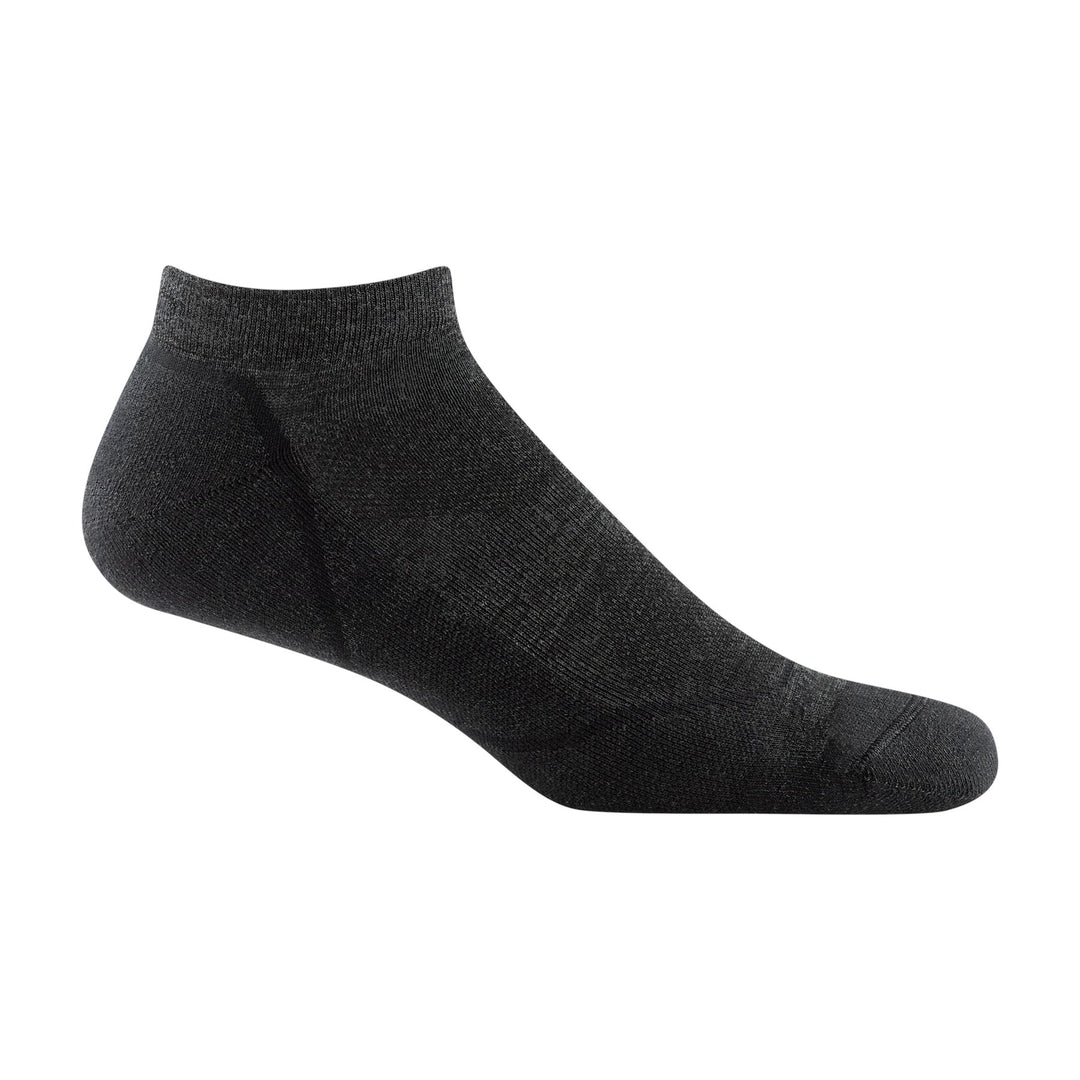 Men's black no-show hiking sock, flat side view