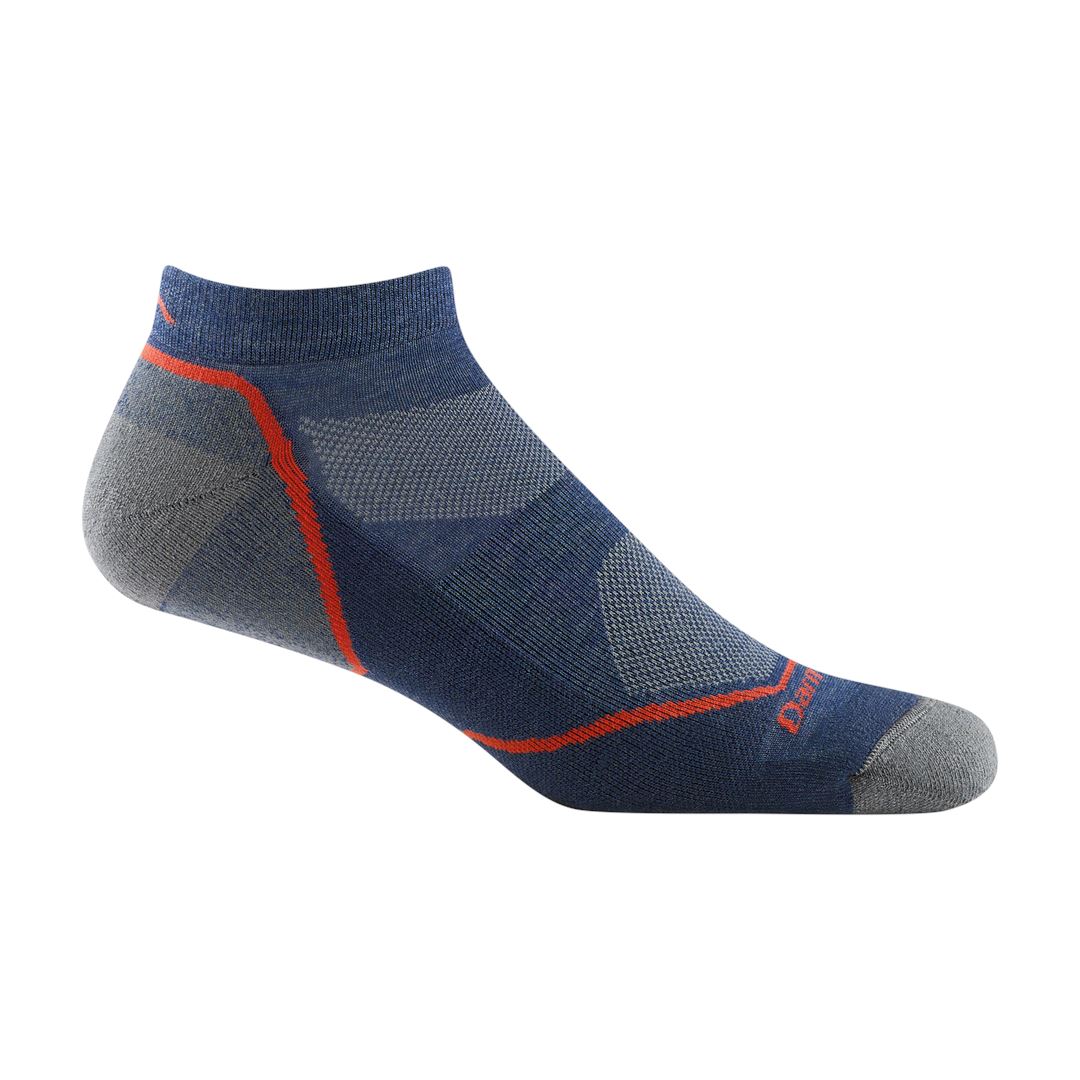 Men's denim blue no-show hiking sock with orange accent line, flat side view