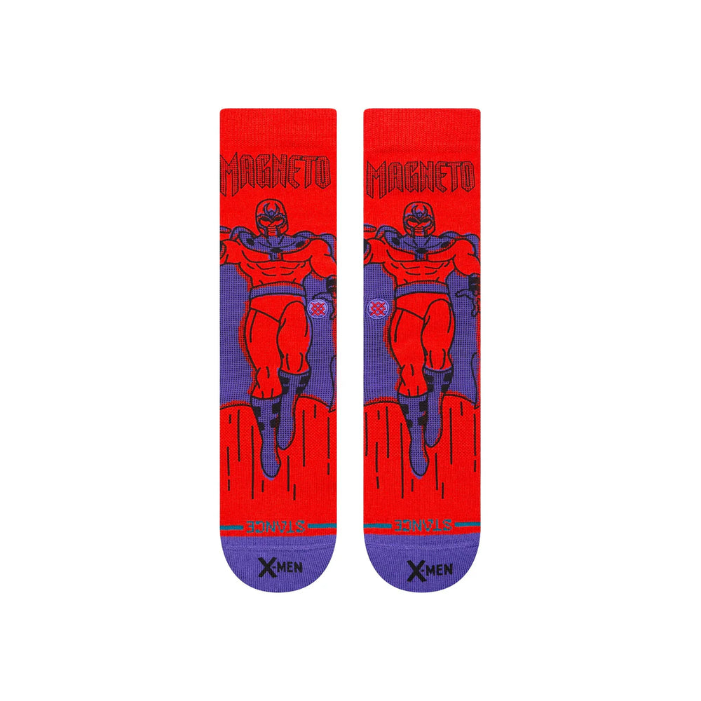 Men's red Magneto crew socks, flat back view with X-Men logo
