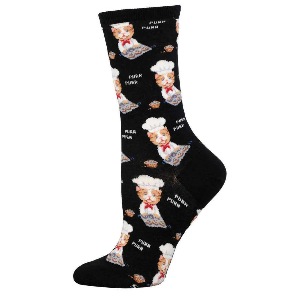 Women's black baking chef cat crew socks, flat pair shot