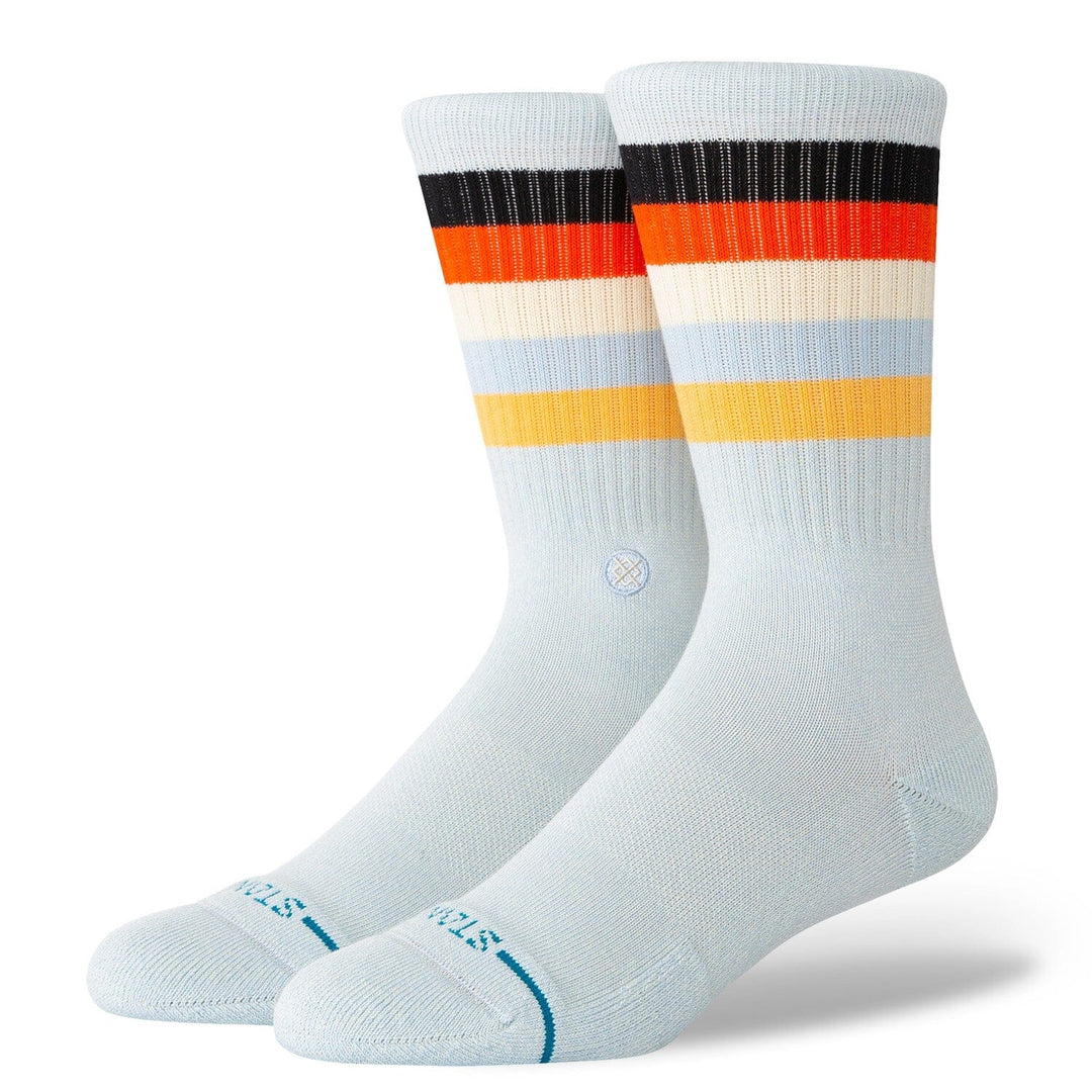 Men's ice blue retro striped crew socks, flat pair shot
