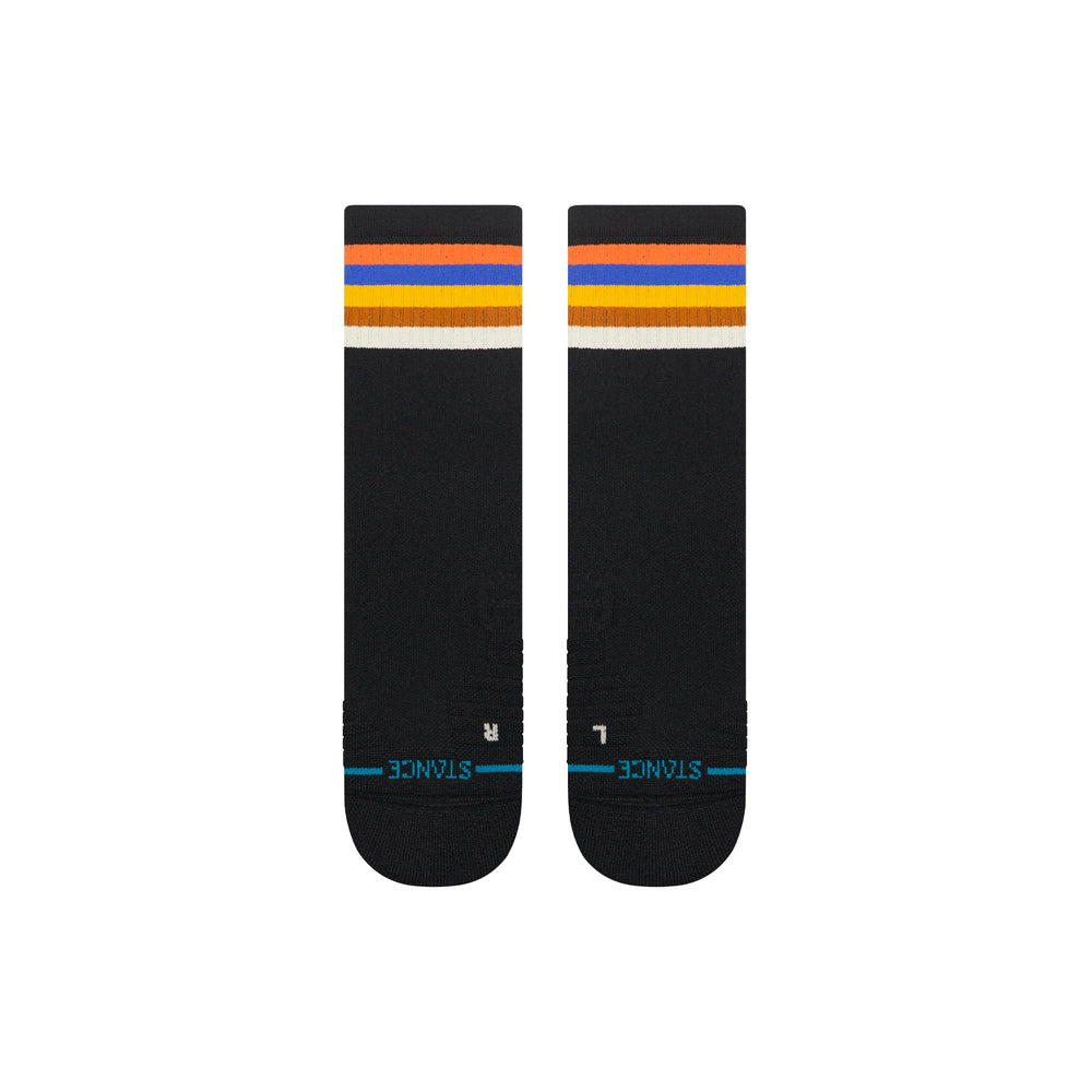 Men's black striped crew socks, flat back view showing logo