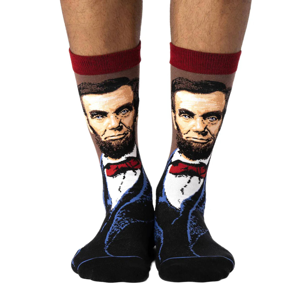 Men's Abraham Lincoln portrait crew socks, worn front view