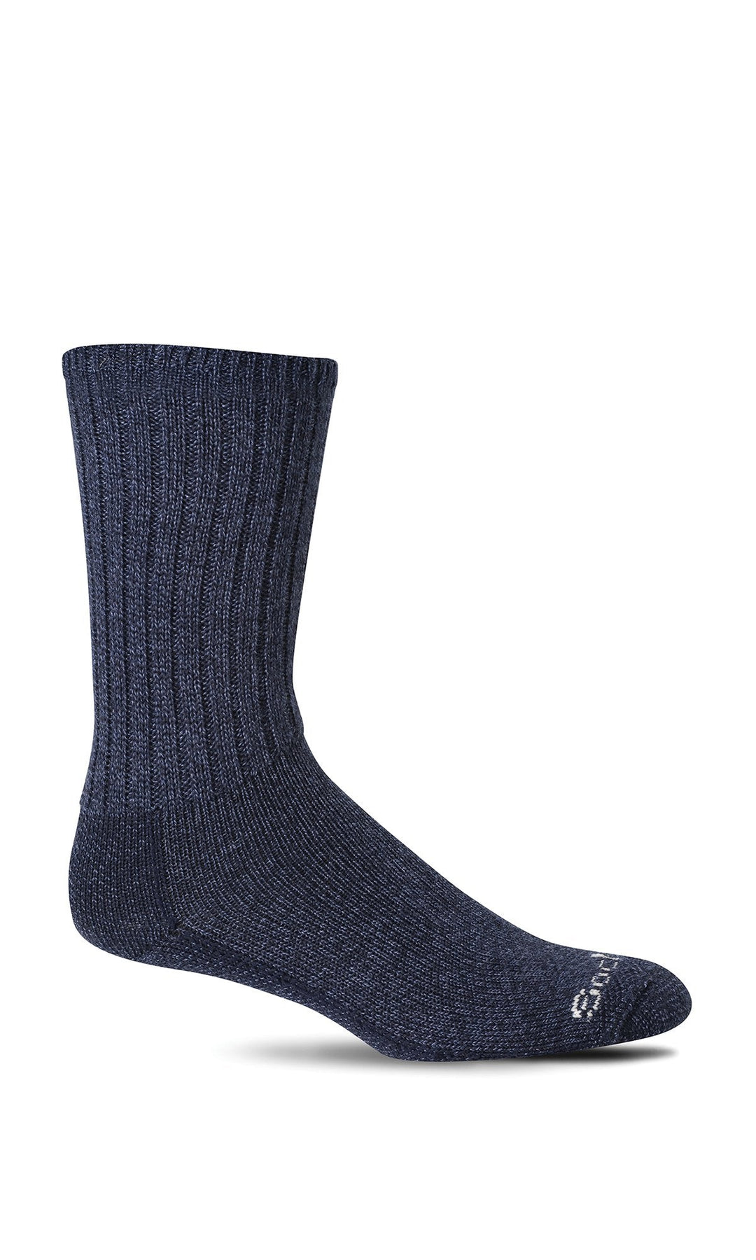 Men's relaxed diabetic crew sock in navy, flat side view