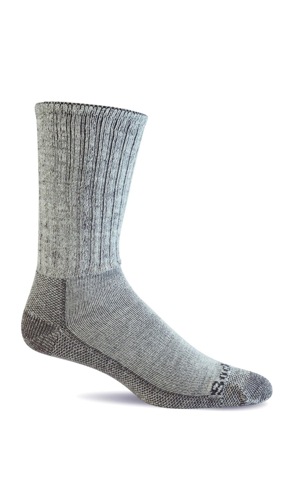 Men's relaxed diabetic crew sock in light grey, flat side view