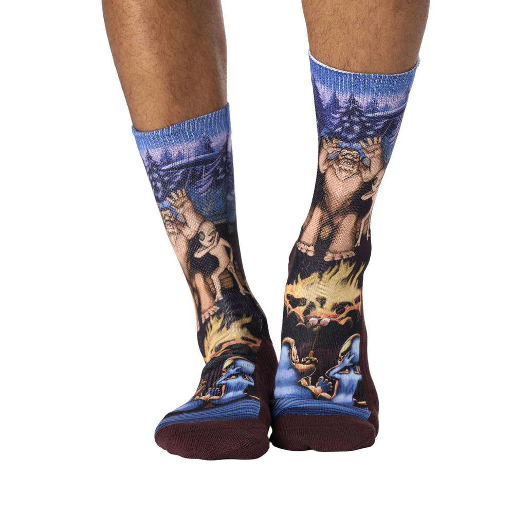 Men's Bigfoot and alien camping crew socks, worn front view