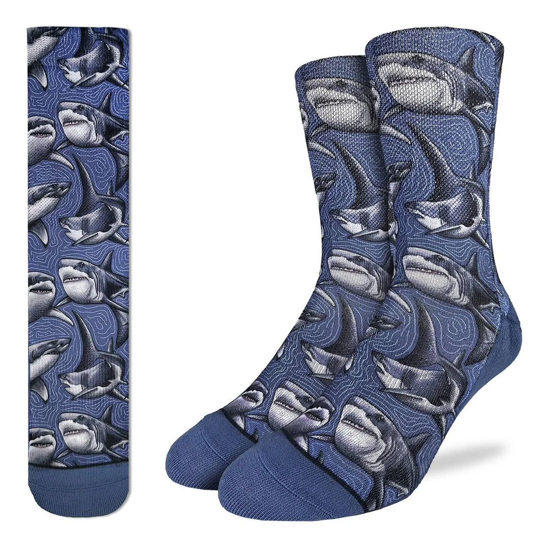 Men's blue great white shark crew socks, flat view
