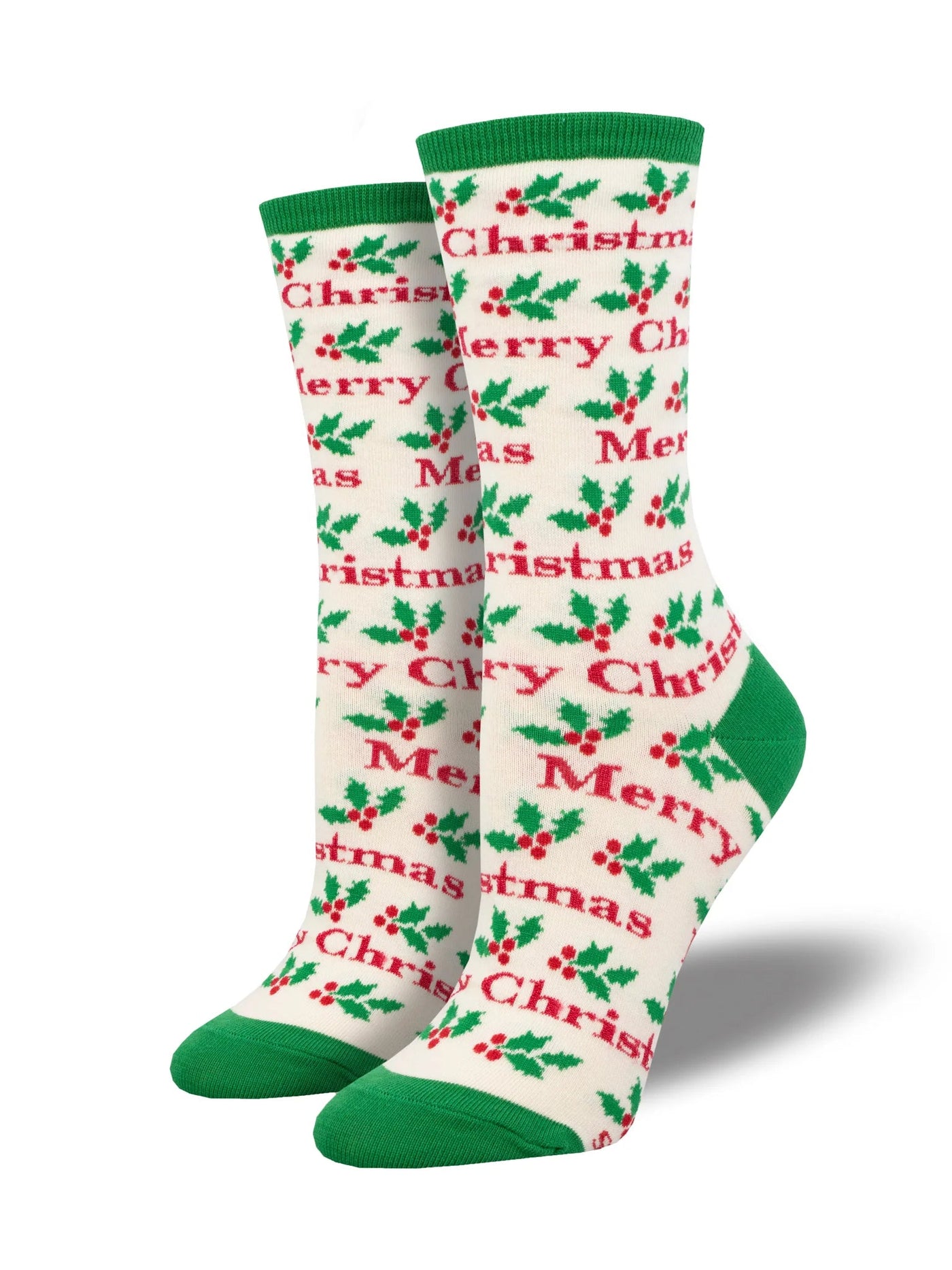 Merry Christmas Ivory Crew Socks | Women's - Knock Your Socks Off