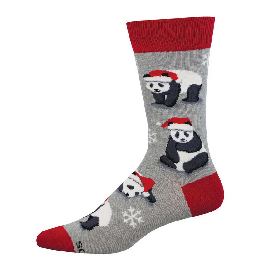 Men's merry panda crew socks laid flat, heather gray with pandas wearing red Santa hats and snowflakes