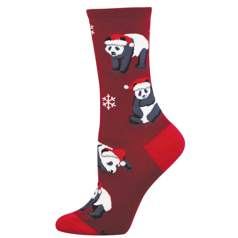 Women's merry panda Christmas crew socks in red with Santa-hat pandas, flat lay single sock
