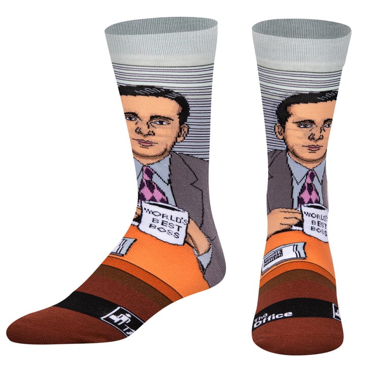Men's Michael Scott crew socks, flat lay alternate angle of both socks