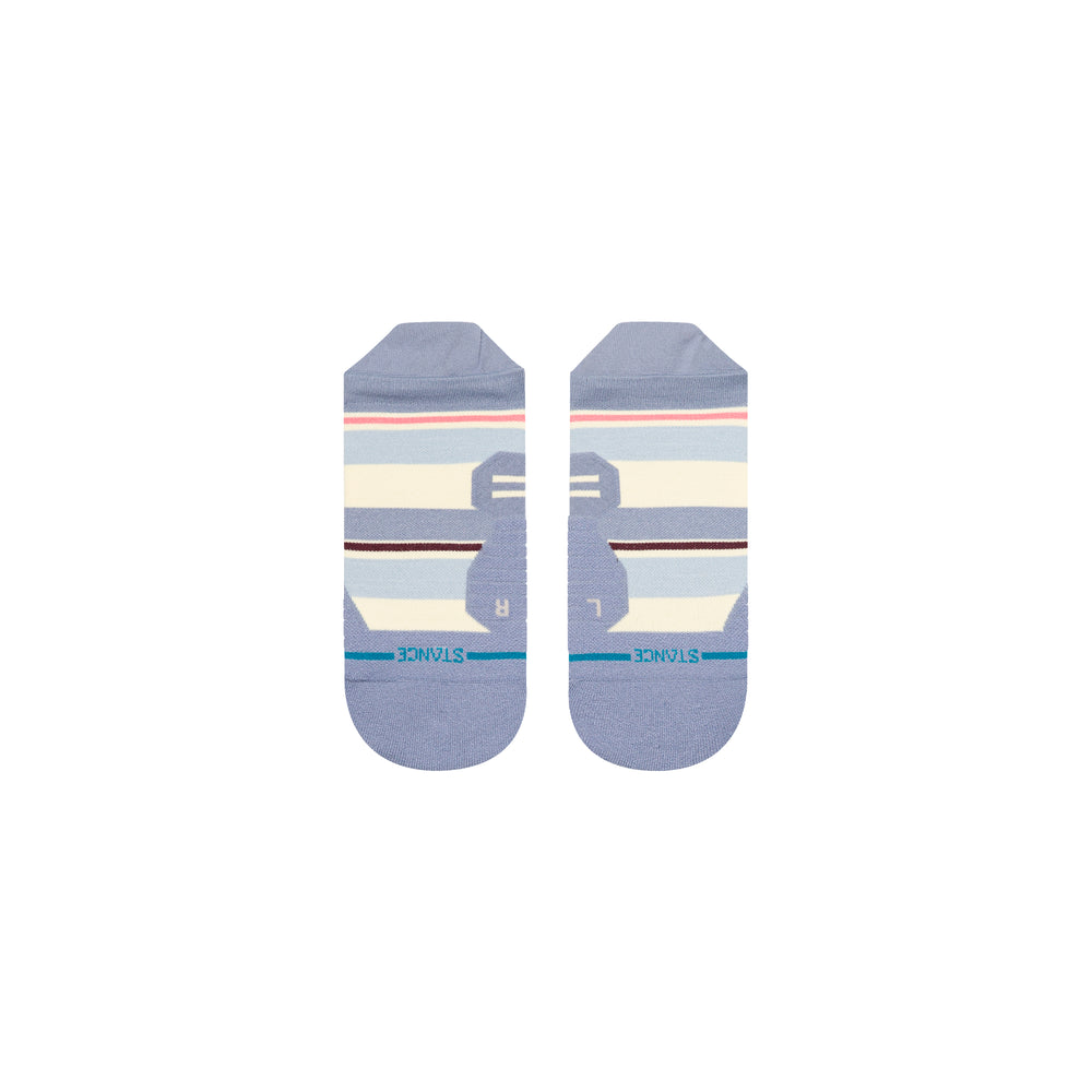 Women's periwinkle striped tab ankle socks, flat top view with logo