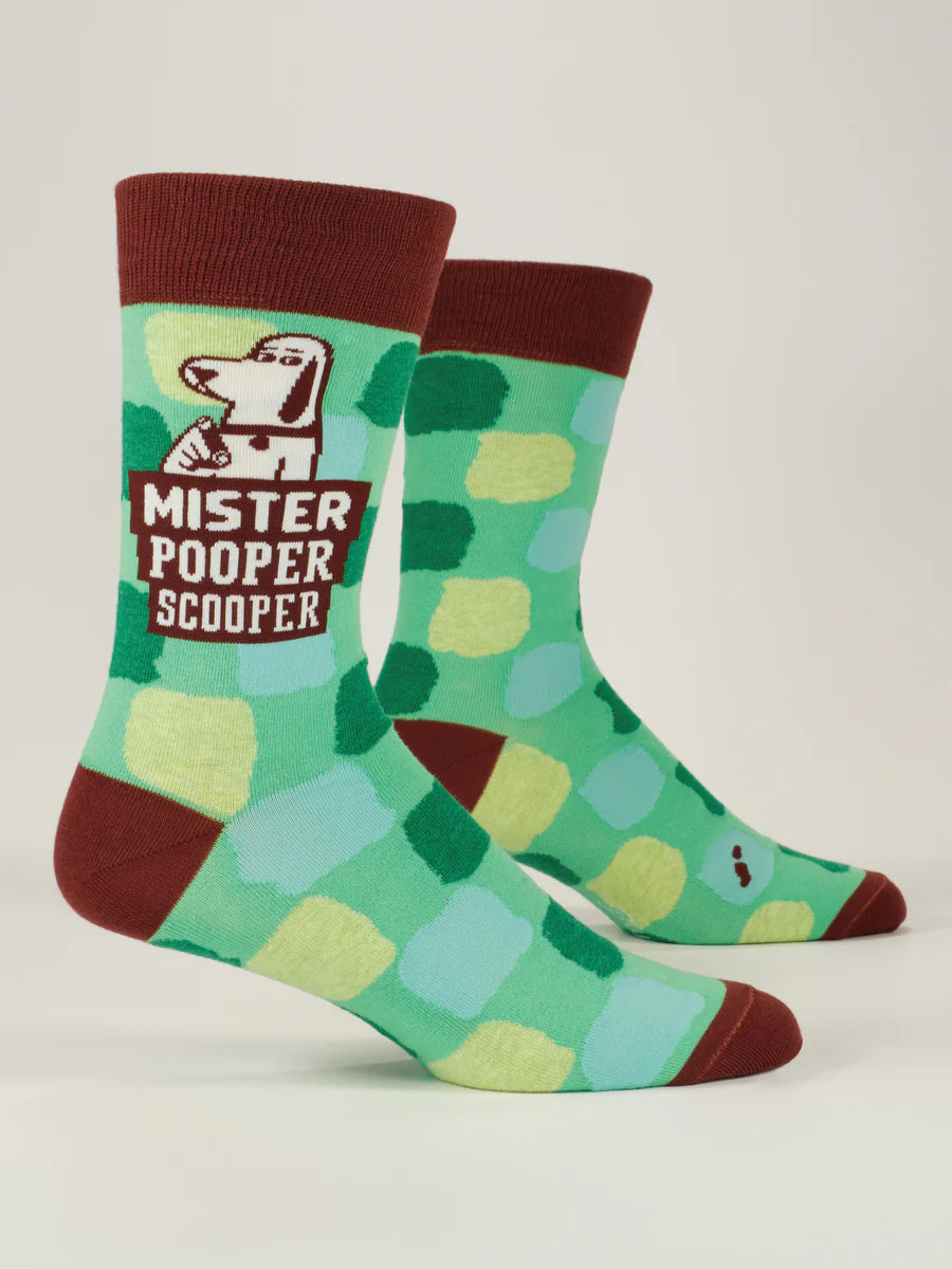 Men's Mister Pooper Scooper crew socks, flat side view with dog patch and green checkers