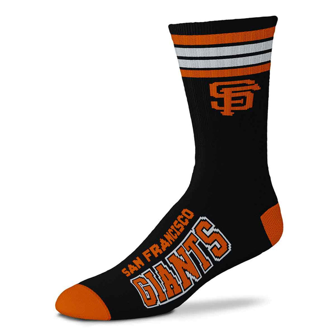 Men's San Francisco Giants crew sock, black with SF logo and team name, orange toe, flat side view