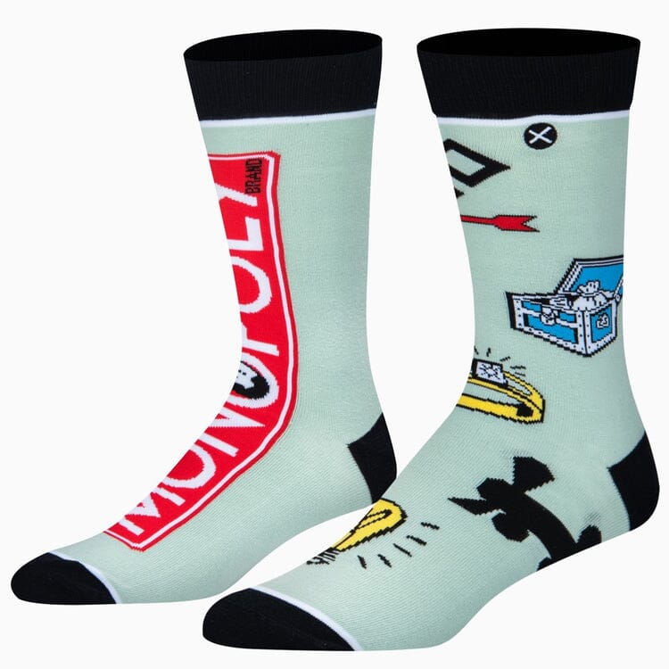 Men's Monopoly split crew socks, flat lay showing logo leg and game-icon leg